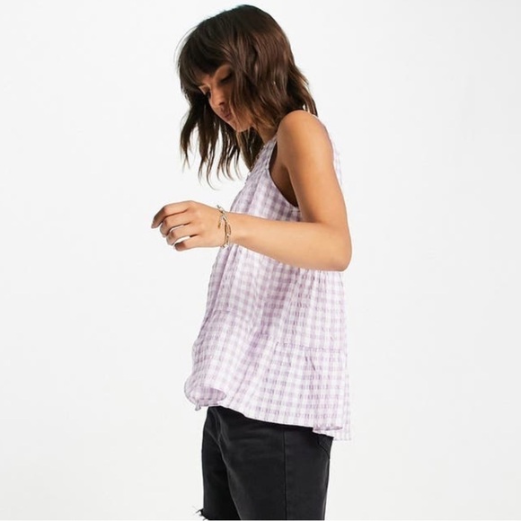 NWT ASOS Tiered Sleeveless Gingham Blouse in Purple & White - Picture 2 of 8